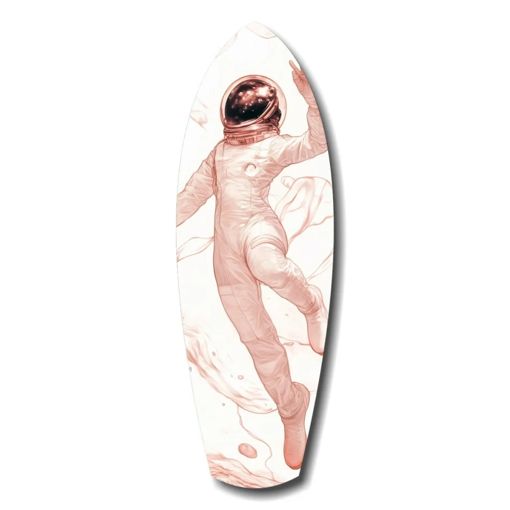 Sleek white astronaut tempered glass art surfboard with size guide