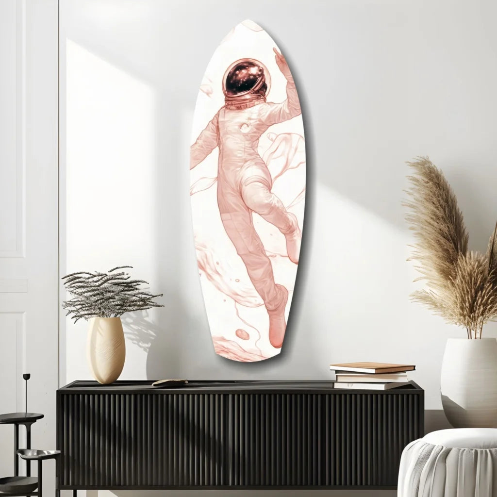 Pink astronaut on sleek surfboard tempered glass art with size comparison