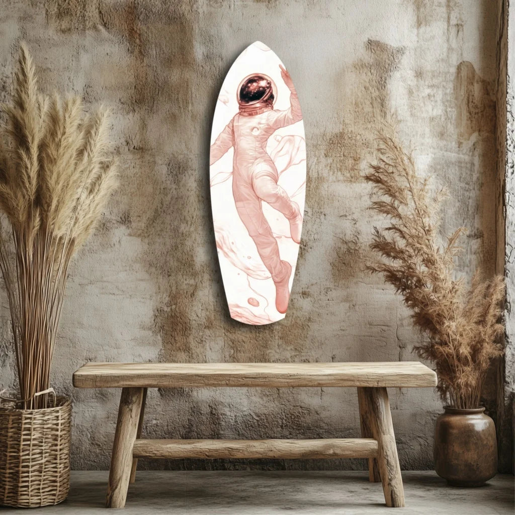 Pink astronaut on surfboard tempered glass art with size guide