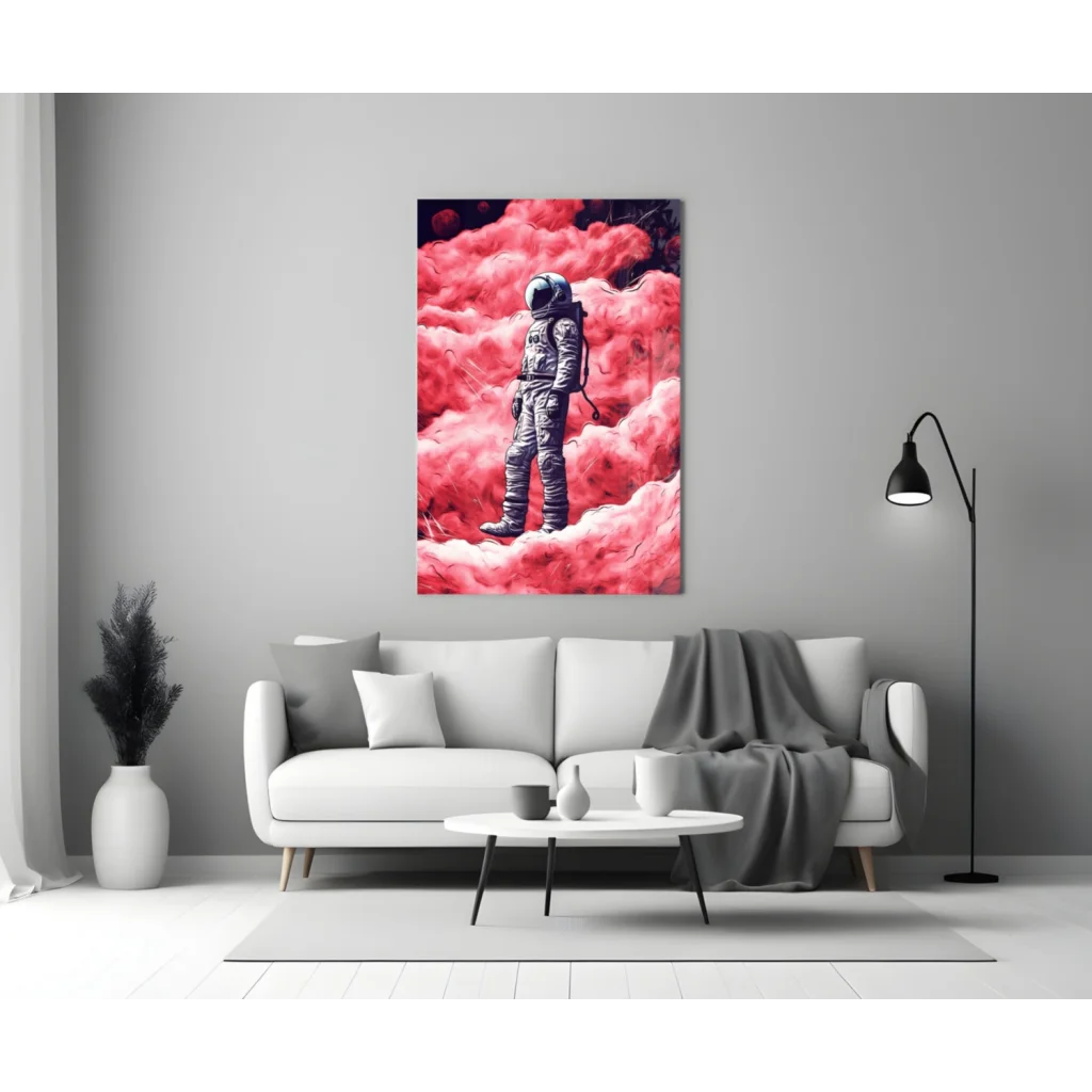 Surreal astronaut in pink clouds canvas wall art print