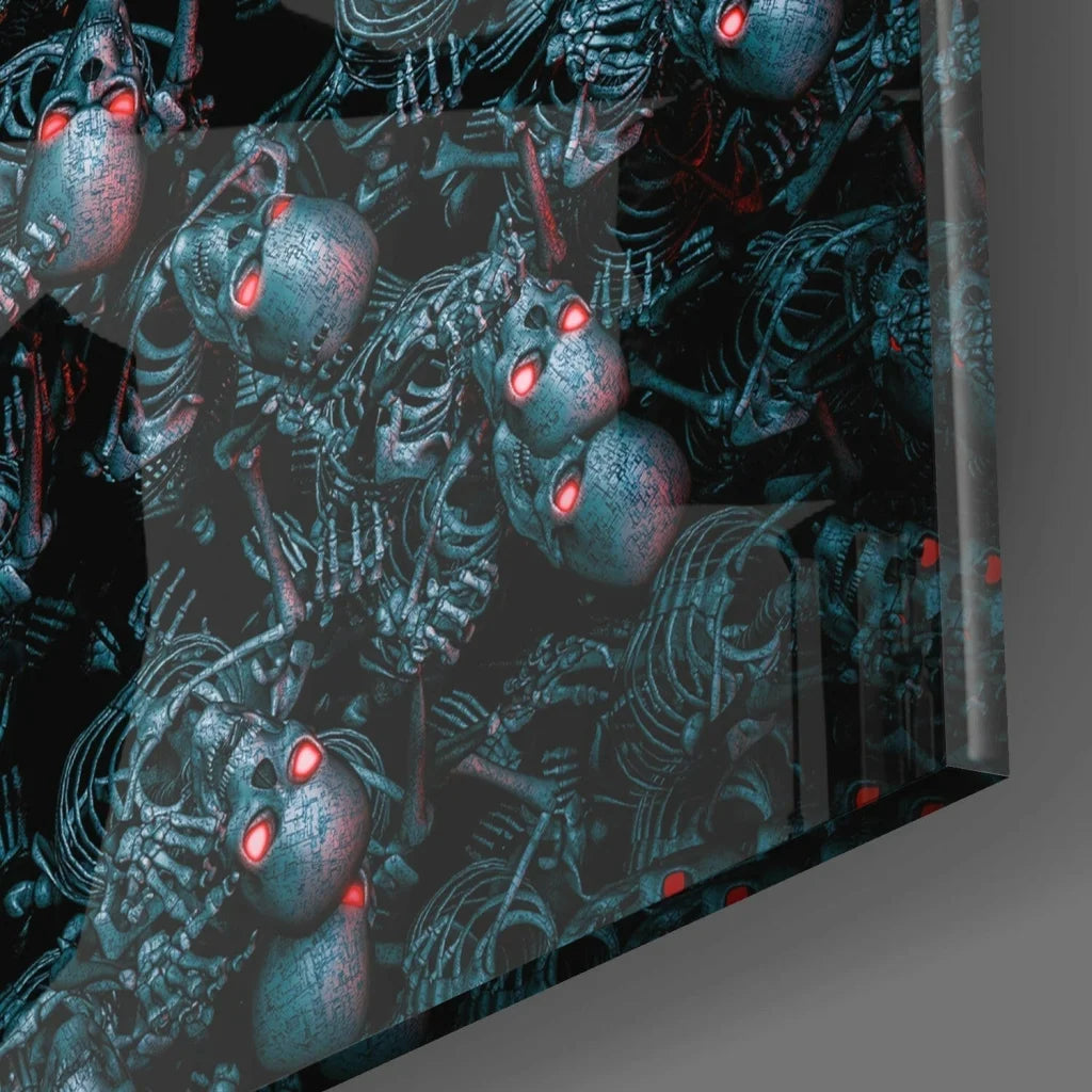 Black and red skull astronaut glass wall art with metallic accents