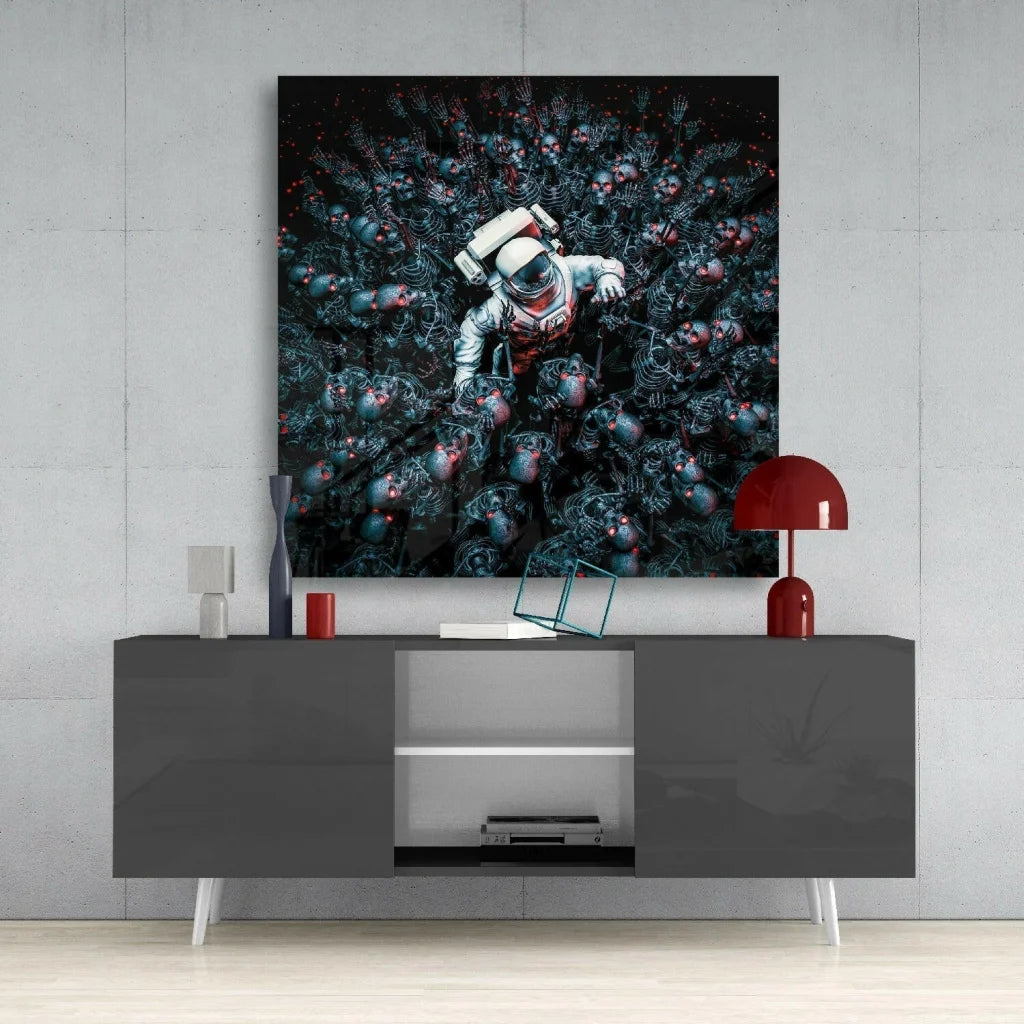 Modern astronaut skull glass wall art with metallic red accents