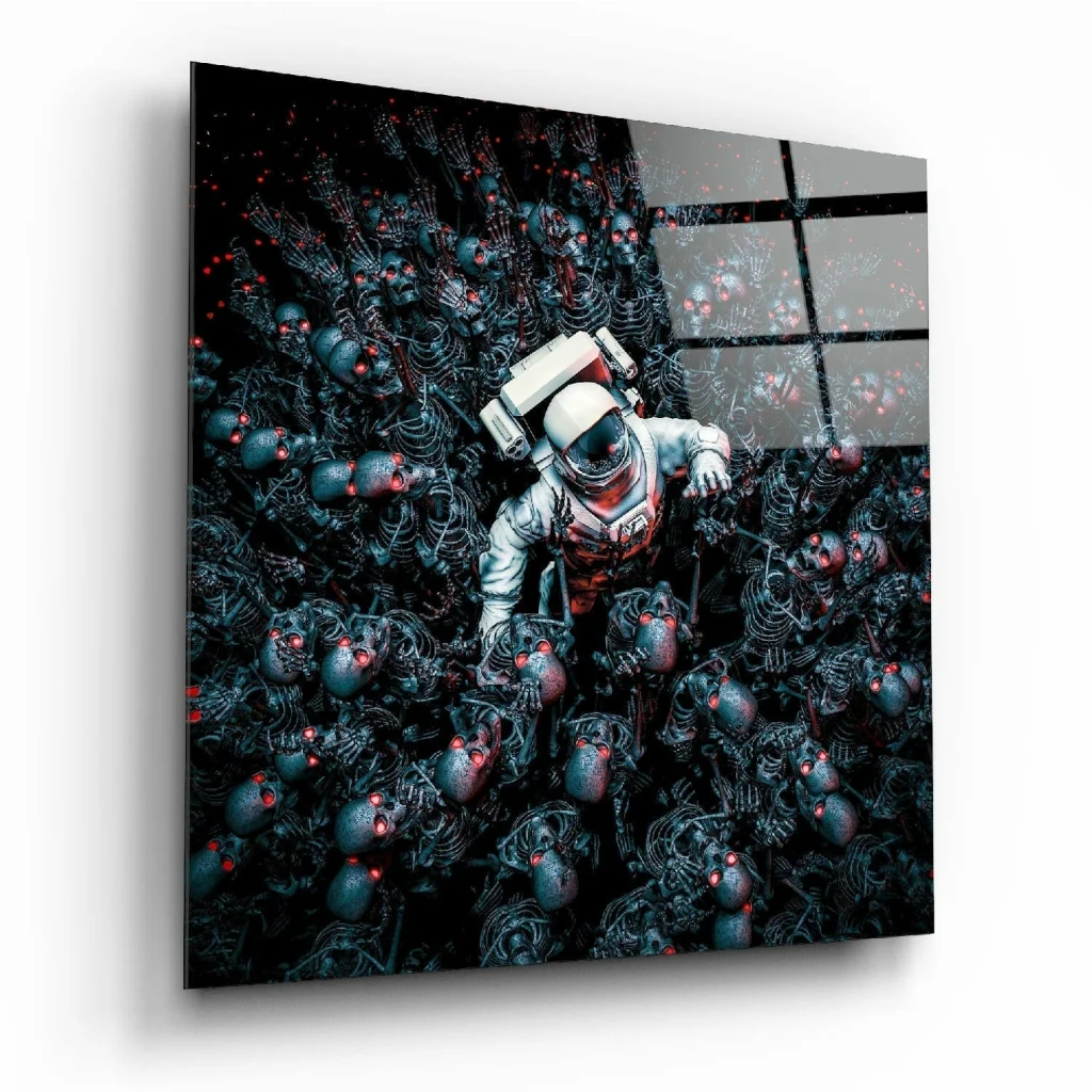 Astronaut skull glass wall art with reflective helmet visor, white suit, metallic red accents