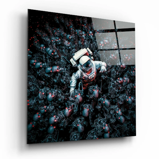 Astronaut skull glass wall art with reflective helmet visor, white suit, metallic red accents