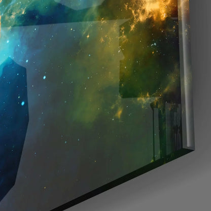 Vibrant astronaut nebula glass wall art print on framed canvas
