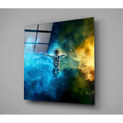 Vibrant astronaut in blue orange nebulae glass wall art print