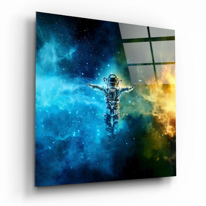 Square-framed astronaut floating in vibrant blue orange nebula glass wall art