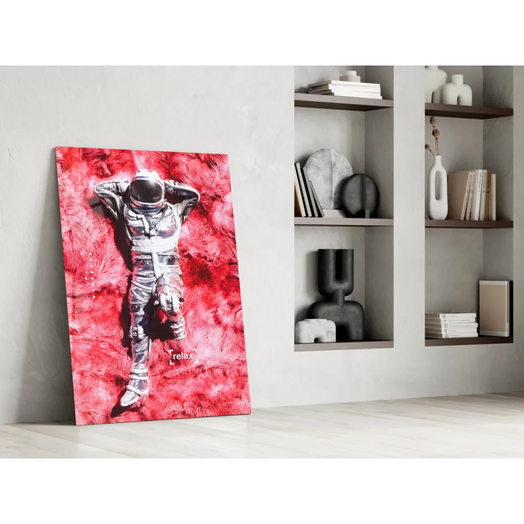 Vibrant red canvas wall art with silver astronaut relaxing on fiery textured backdrop
