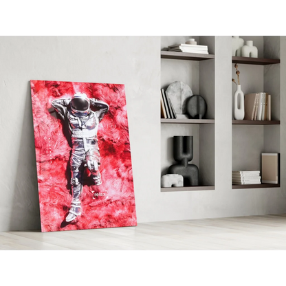 Vibrant red canvas wall art with silver astronaut relaxing on fiery textured backdrop