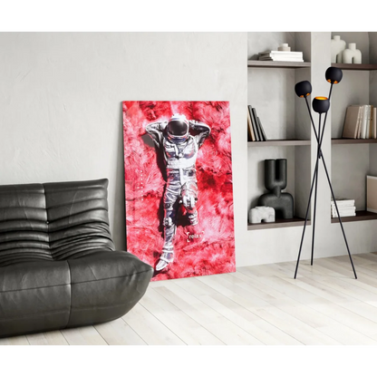 Red astronaut canvas wall art with fiery texture and relax vibe