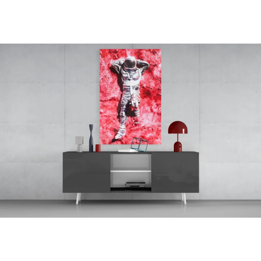 Vibrant red canvas wall art of black-and-white astronaut in fiery texture