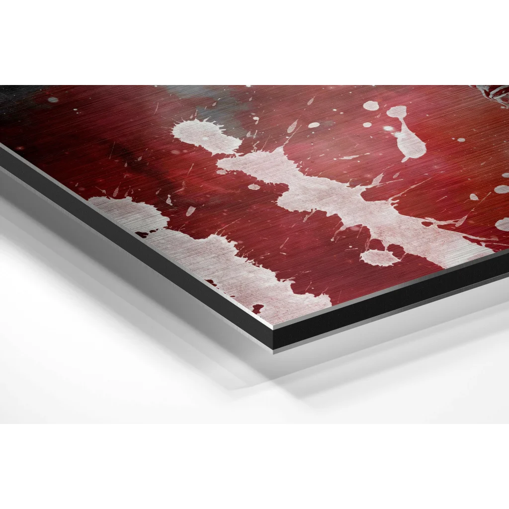 Glass Wall Art Red white splatter astronaut art on brushed aluminium dibond panel