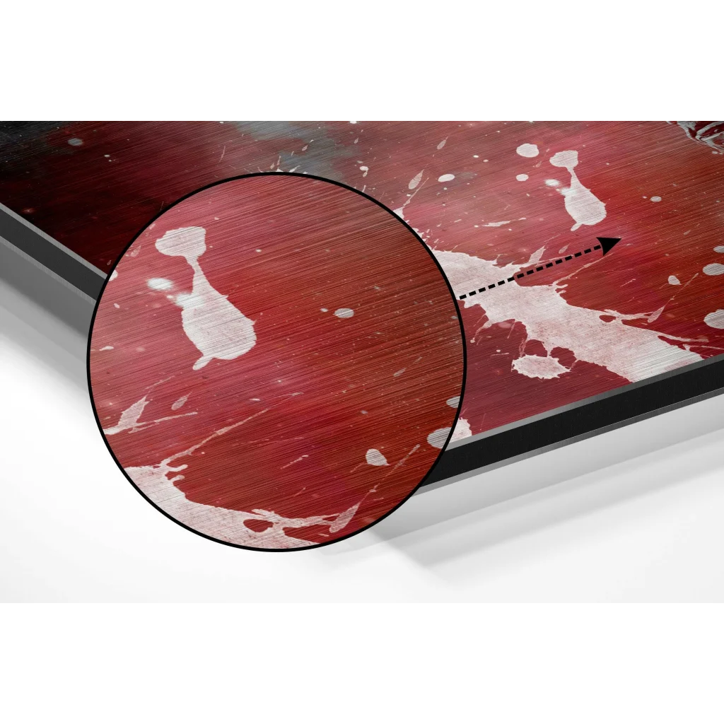Red and white astronaut splatter art on brushed aluminium dibond panel