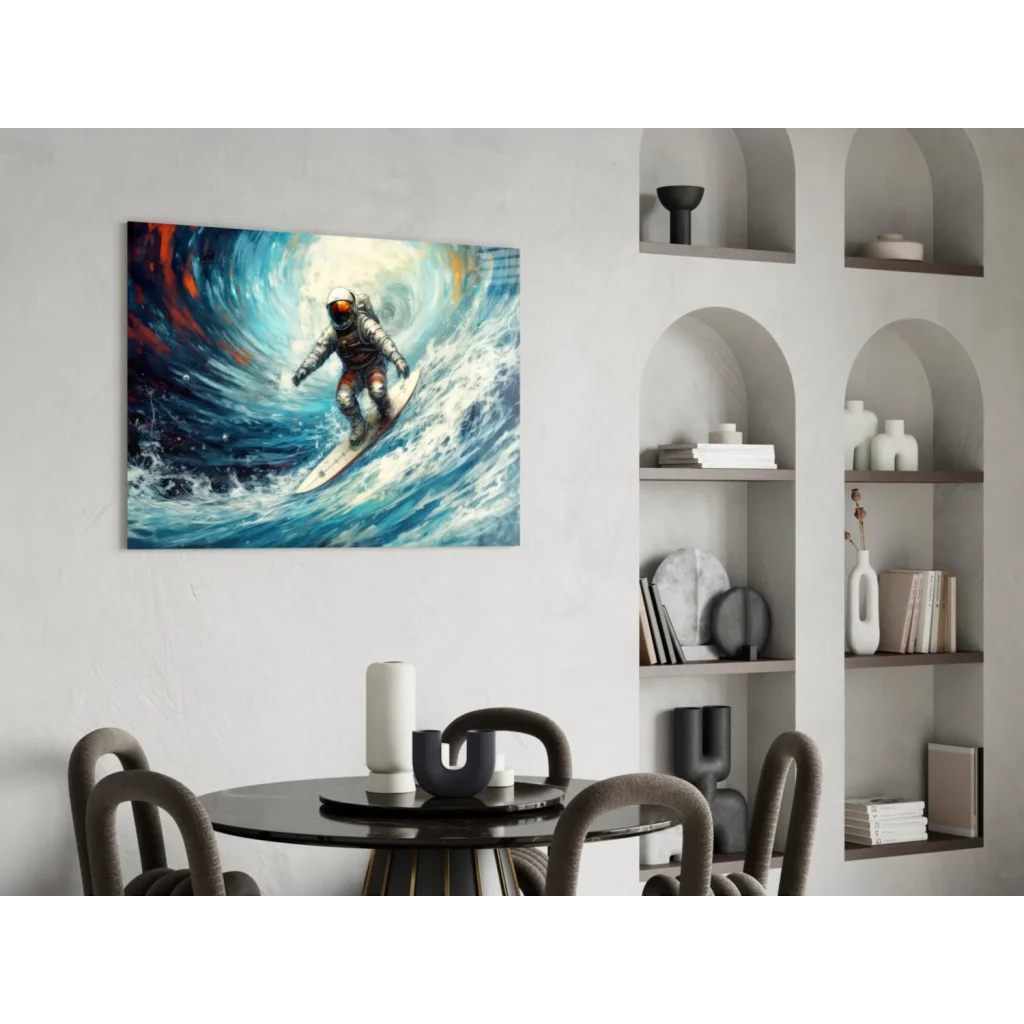 Vibrant astronaut surfing canvas wall art print with ocean waves