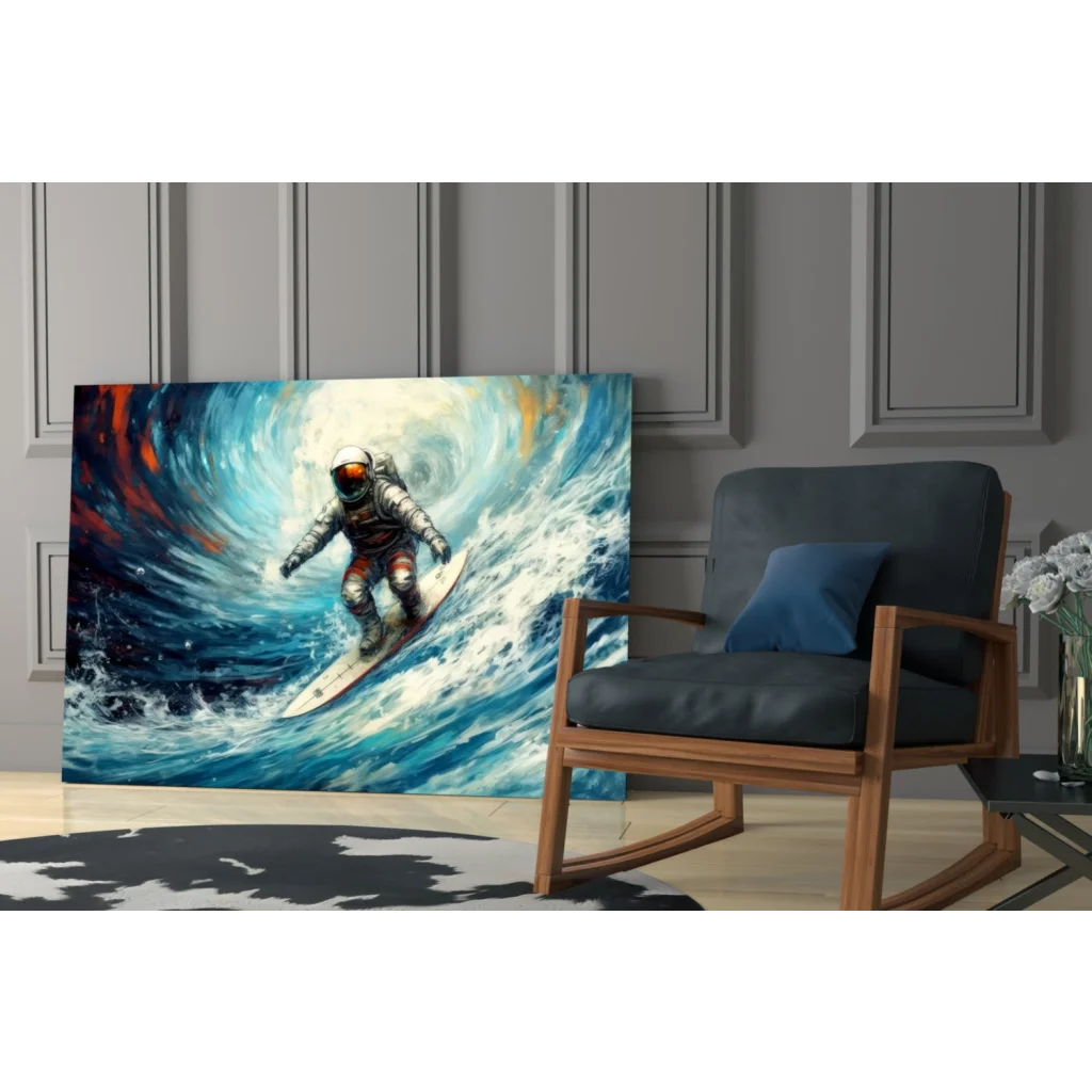 Vibrant astronaut surfing canvas wall art print with ocean waves