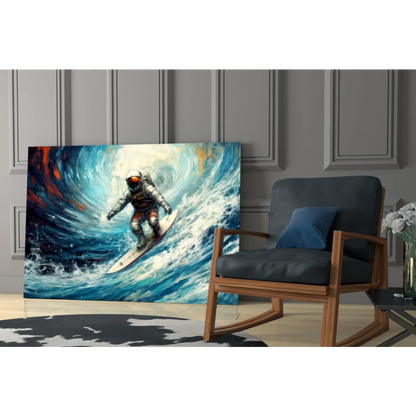 Vibrant astronaut surfing canvas wall art print with ocean waves
