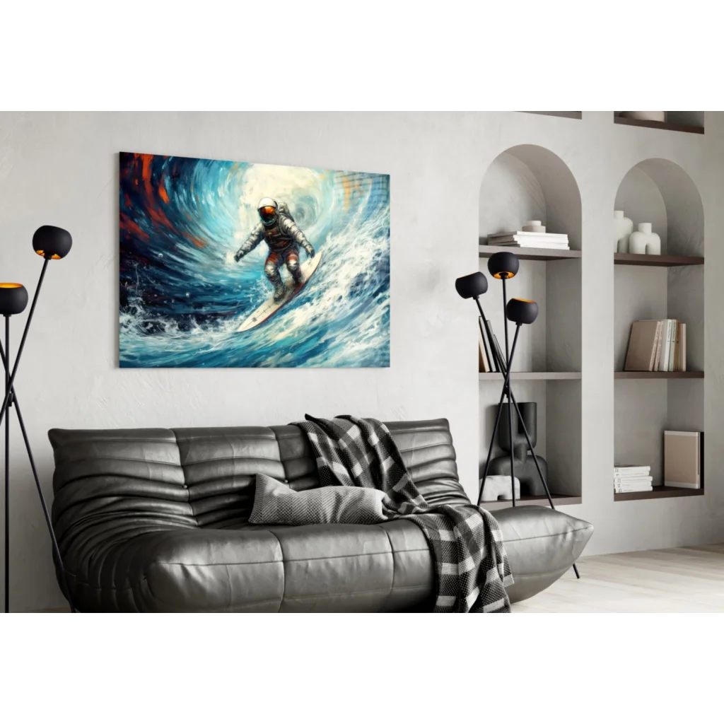 Modern leather sofa with checkered blanket and Astronaut Surfing wall art print
