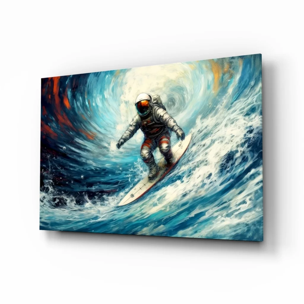 Astronaut surfing on blue wave in white suit, canvas wall art print