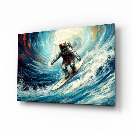Astronaut surfing on blue wave in white suit, canvas wall art print