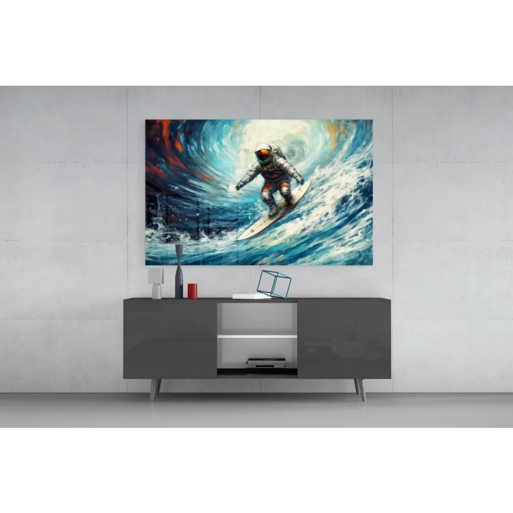 Modern gray TV stand with silver legs under Astronaut Surfing wall art