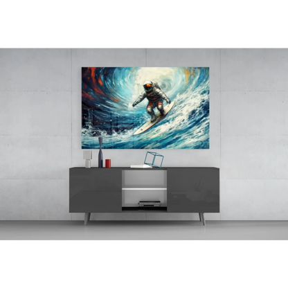 Modern gray TV stand with silver legs under Astronaut Surfing wall art