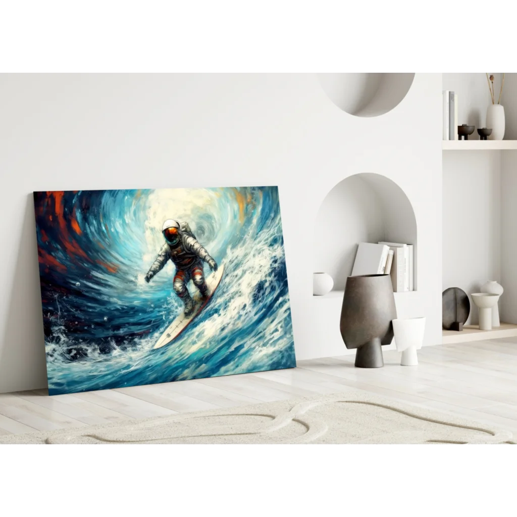 Astronaut surfing canvas wall art print on white wall