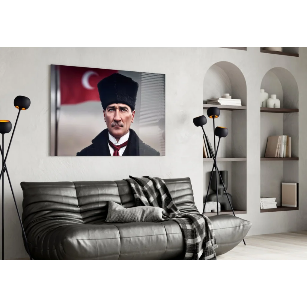 Modern Atatürk canvas wall art with Turkish flag portrait print on leather couch with black and white checkered throw blanket