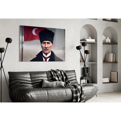 Modern Atatürk canvas wall art with Turkish flag portrait print on leather couch with black and white checkered throw blanket