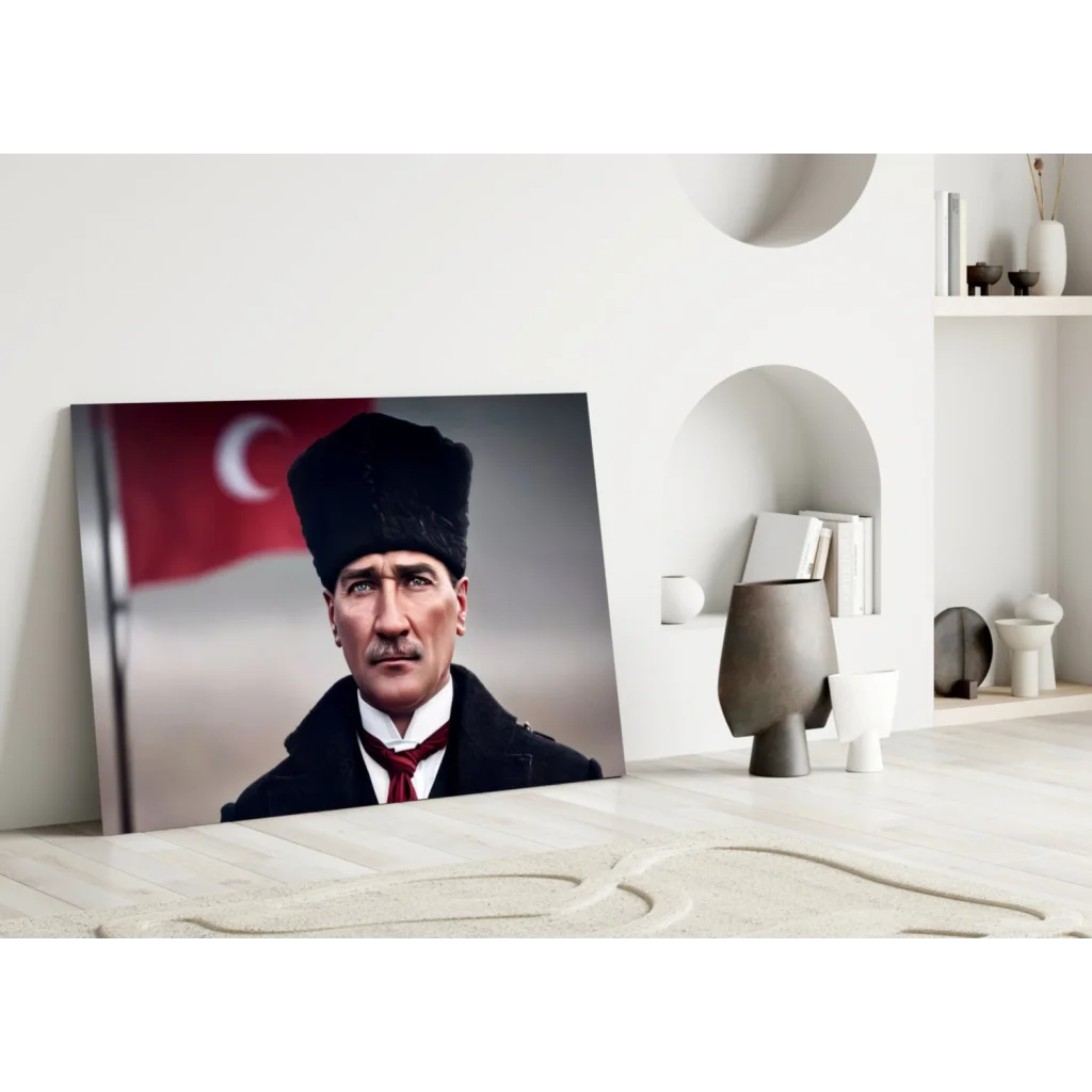 Black and white Atatürk canvas wall art with Turkish flag background