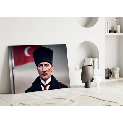 Black and white Atatürk canvas wall art with Turkish flag background
