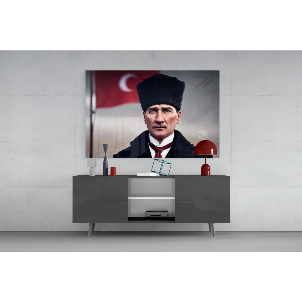 Sleek 4K QLED TV on silver legs with Atatürk Turkish flag wall art