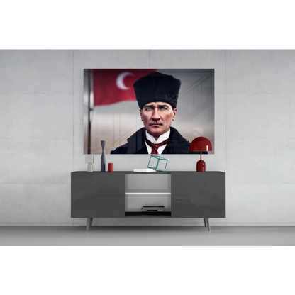 Sleek 4K QLED TV on silver legs with Atatürk Turkish flag wall art