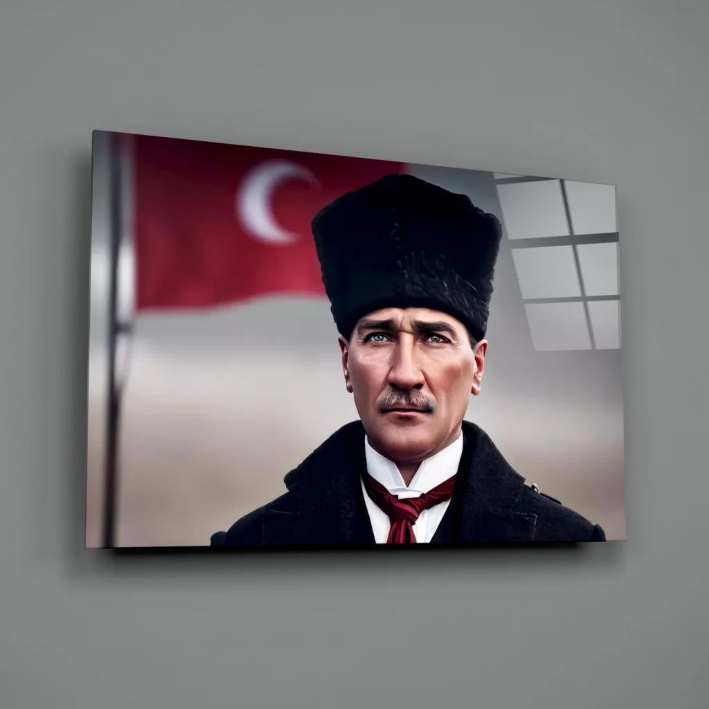 Ataturk portrait wall art with fez, red tie, dark coat
