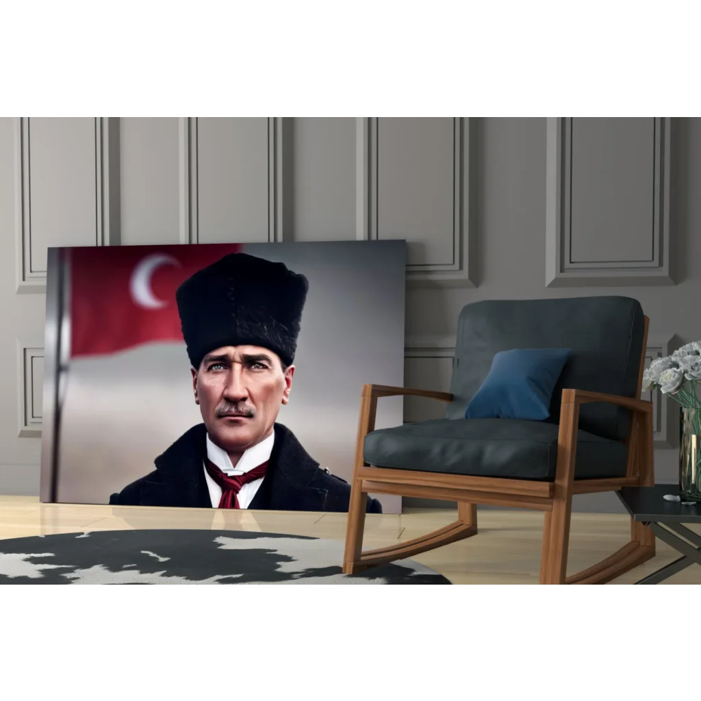 Black leather chair with wooden frame, blue cushion, and Atatürk wall art