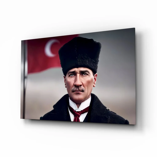 Atatürk portrait wall art: black fez, red white striped tie, dark coat