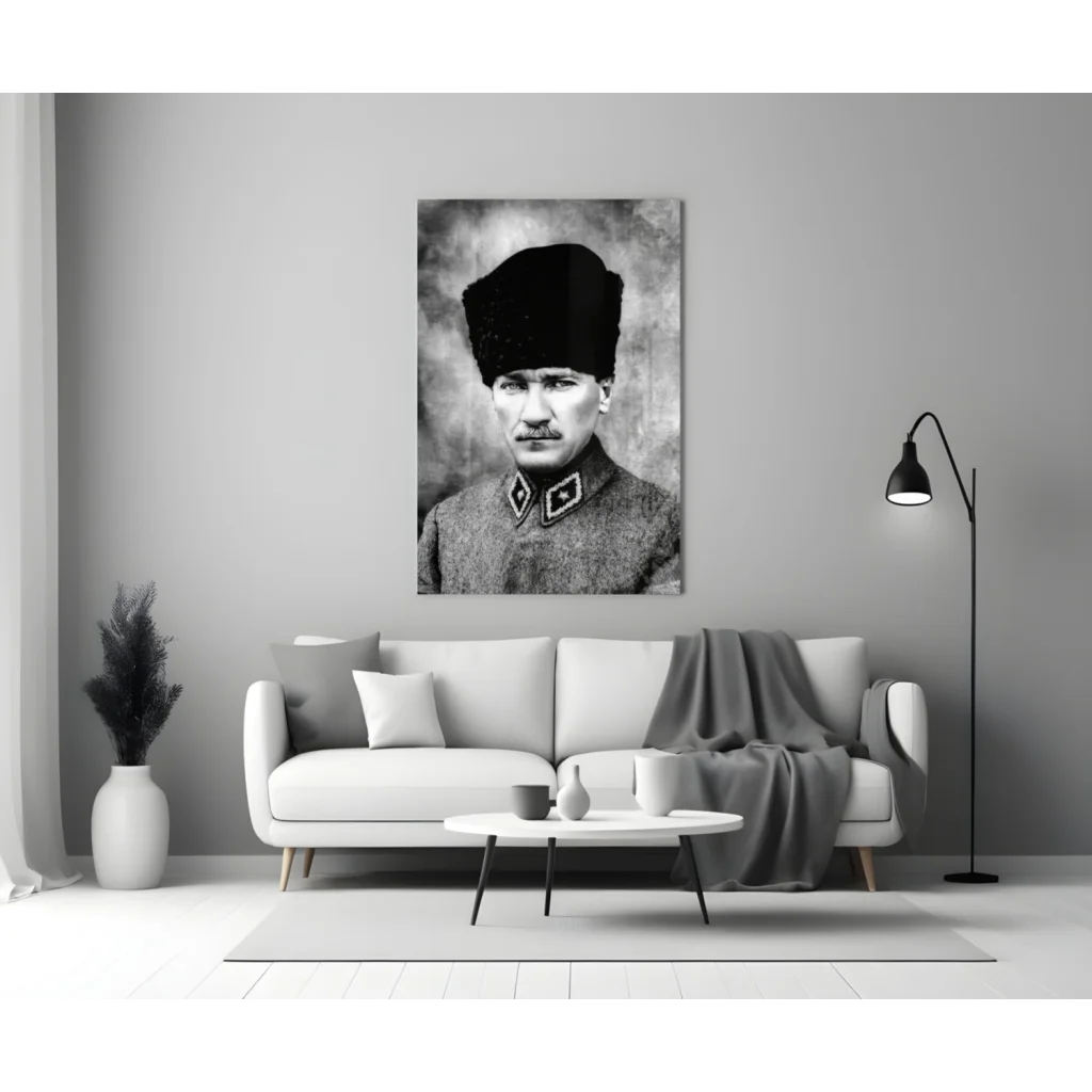Black-and-white Atatürk portrait on glass wall art canvas with fez and uniform