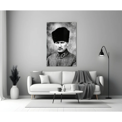 Black-and-white Atatürk portrait on glass wall art canvas with fez and uniform