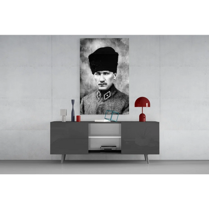 Black-and-white Atatürk glass wall art portrait on textured canvas