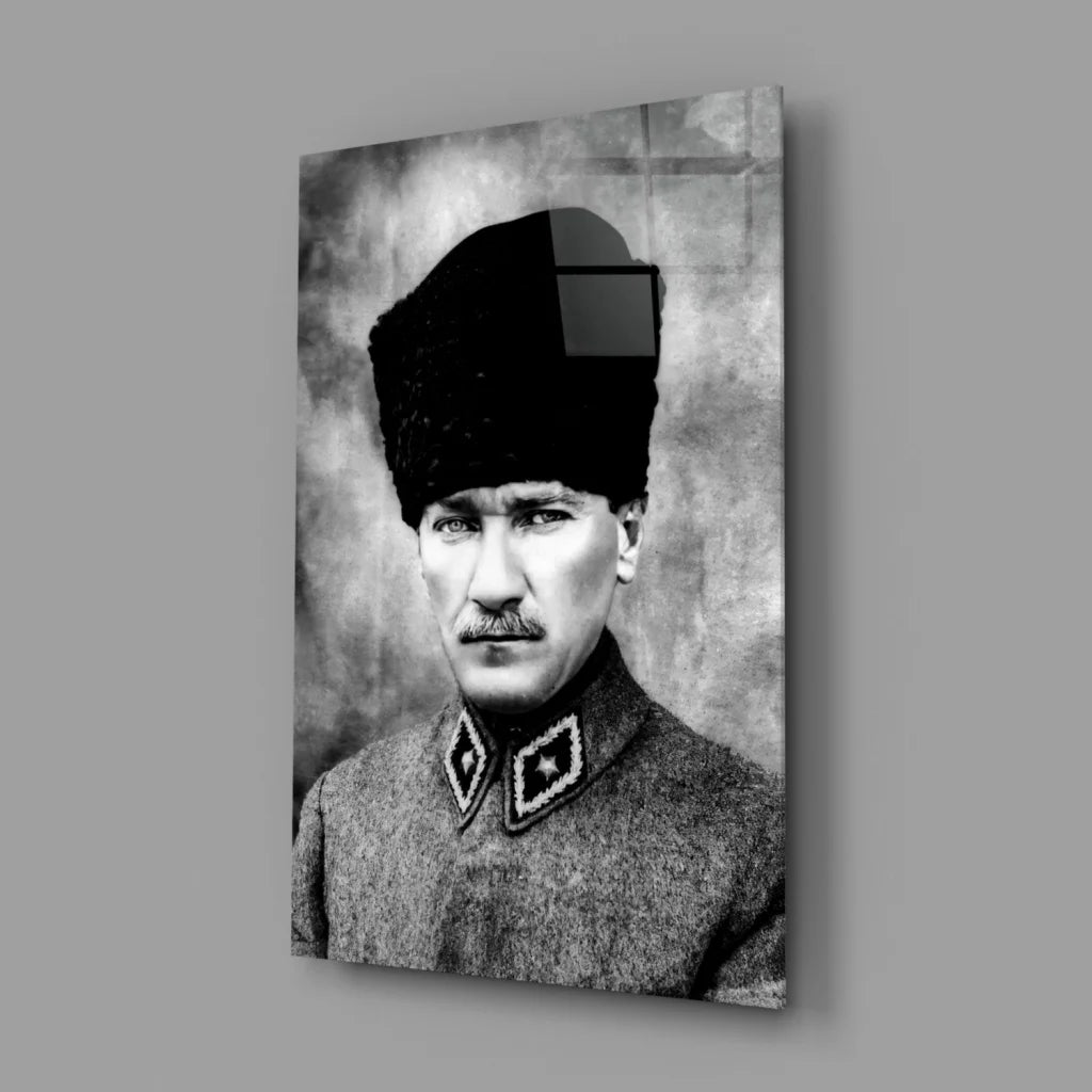 Black-and-white Atatürk portrait on textured glass wall art