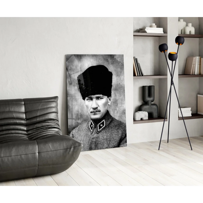 Black-and-white Atatürk portrait on glass wall art canvas