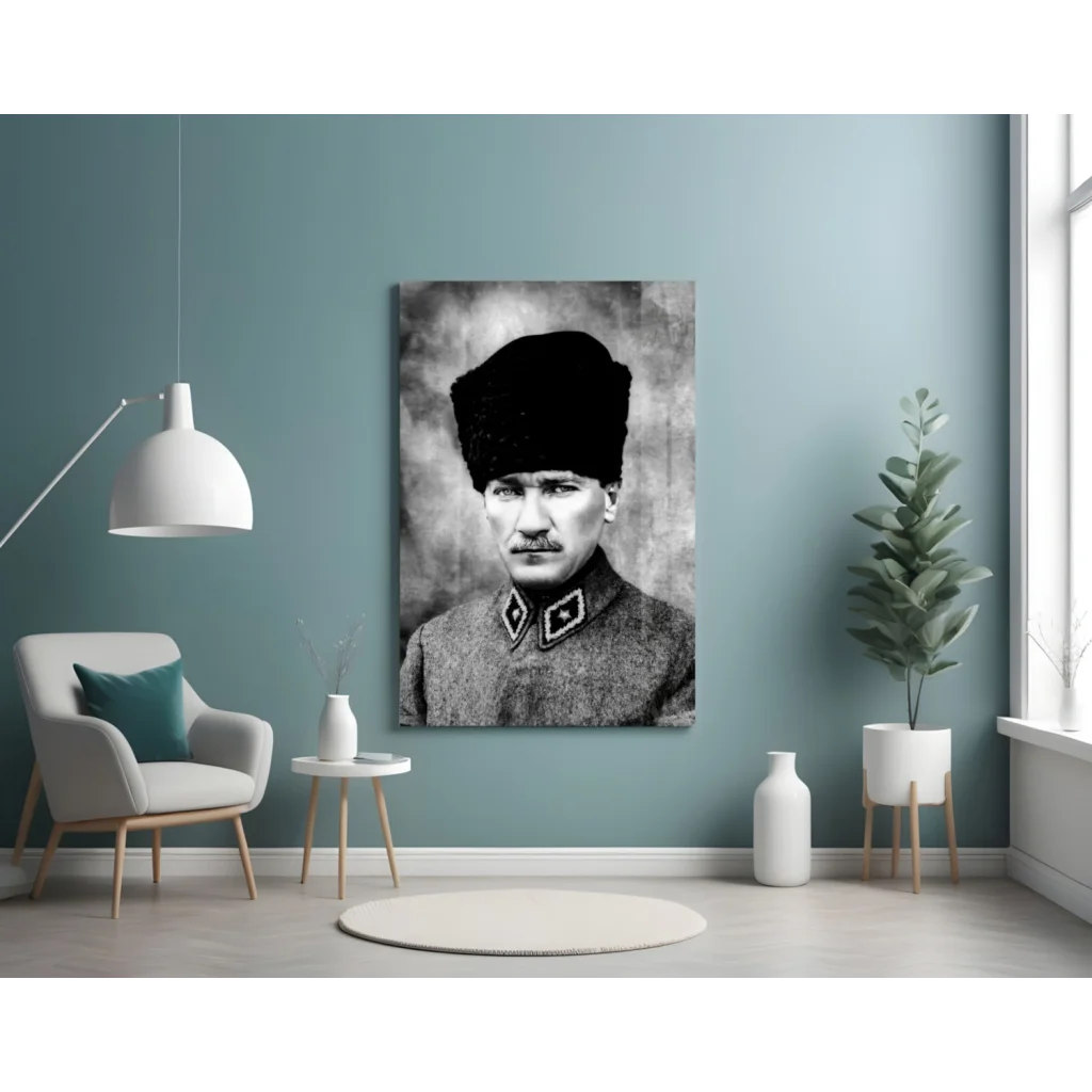 Black-and-white Atatürk portrait on glass wall art canvas