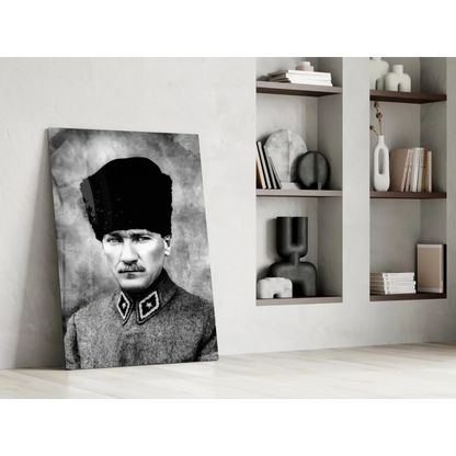 Black-and-white Atatürk portrait on glass wall art canvas