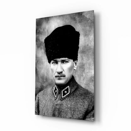 Black-and-white Atatürk glass wall art portrait on textured canvas