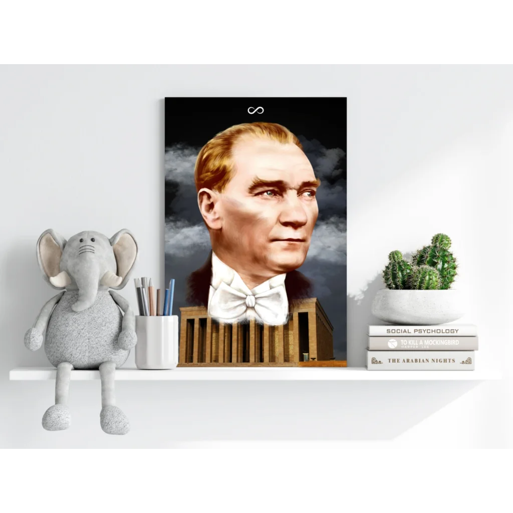 Framed Atatürk portrait in suit and bow tie, Anıtkabir design on aluminum print