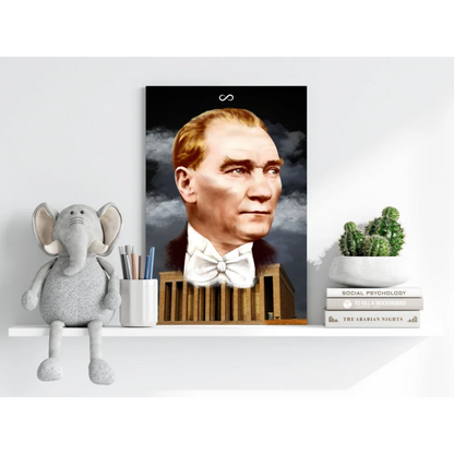 Framed Atatürk portrait in suit and bow tie, Anıtkabir design on aluminum print
