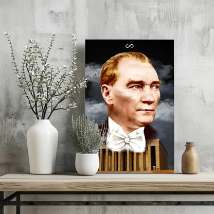 Framed Atatürk portrait print with reddish-brown hair, white bow tie, cloudy background, Anıtkabir design