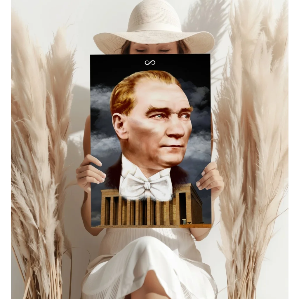 Framed Atatürk portrait in dark suit and bow tie on cloudy sky, with Anıtkabir design