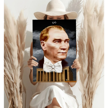 Framed Atatürk portrait in dark suit and bow tie on cloudy sky, with Anıtkabir design