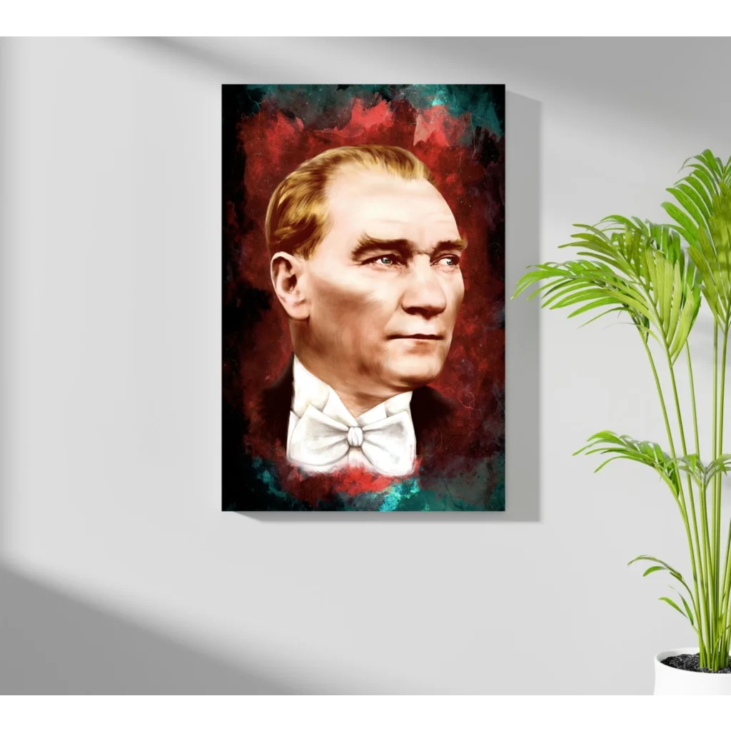Atatürk portrait aluminum print with bold red and teal abstract art
