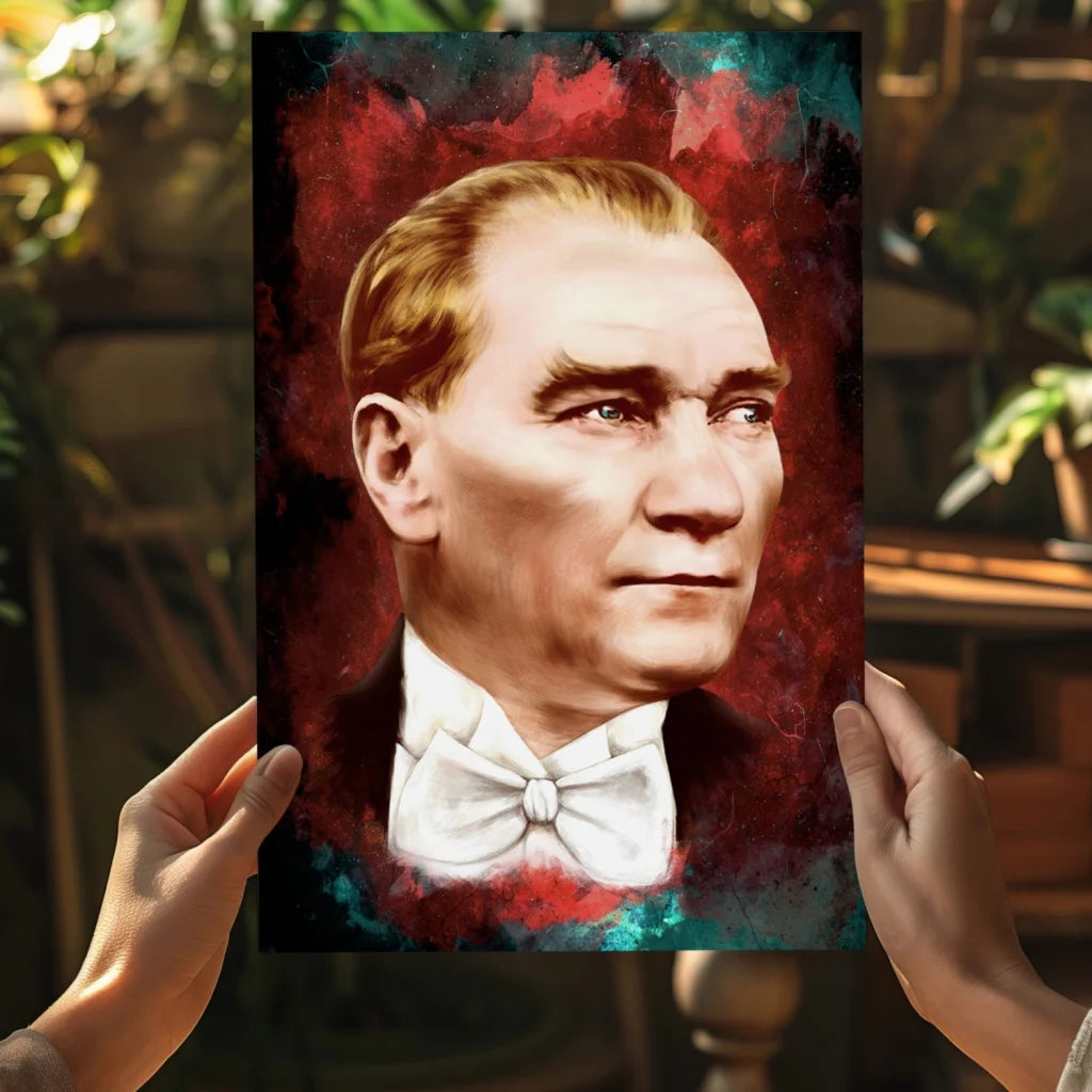 Vibrant watercolor Atatürk portrait in formal attire with white bow tie on red teal aluminum print